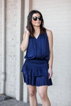 Load image into Gallery viewer, Navy mini dress with tiered skirt