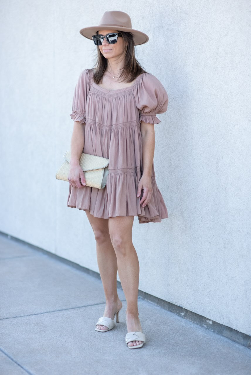 Taupe Puff Sleeve Tiered Dress
