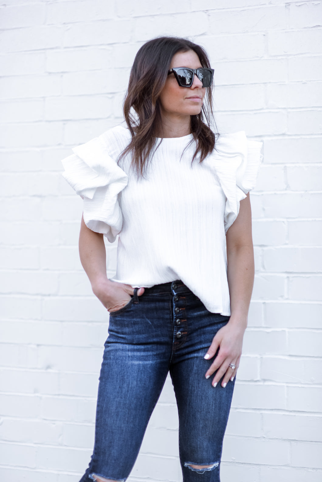 White Ruffle Sleeve Top